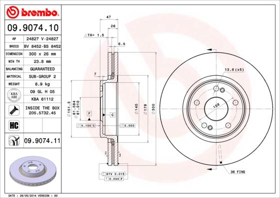 Brembo 09.9074.11 - Тормозной диск autospares.lv