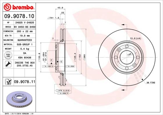 Brembo 09.9078.11 - Тормозной диск autospares.lv