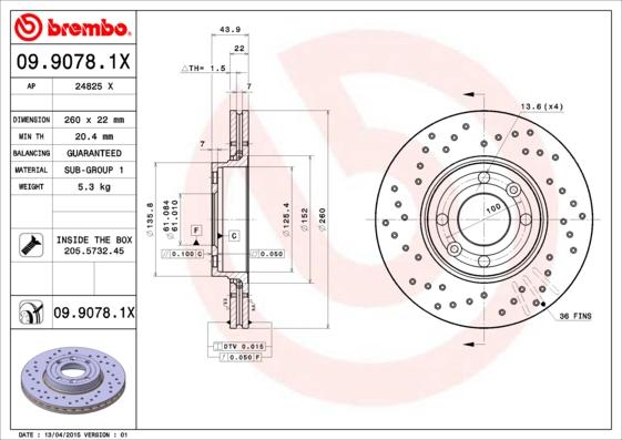 Brembo 09.9078.1X - Тормозной диск autospares.lv