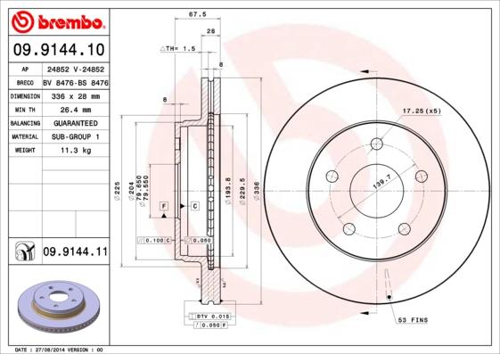 Brembo 09.9144.10 - Тормозной диск autospares.lv