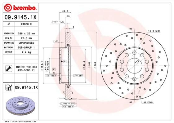 Brembo 09.9145.1X - Тормозной диск autospares.lv