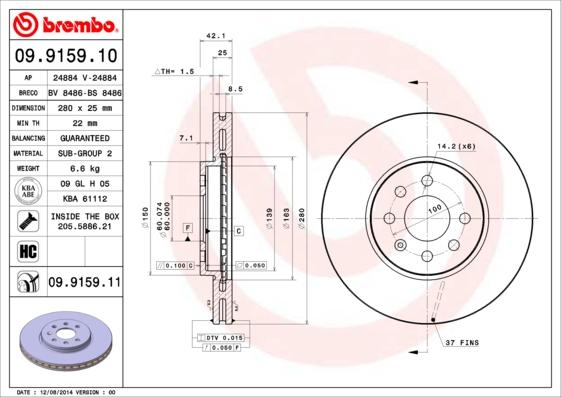 Brembo 09.9159.10 - Тормозной диск autospares.lv