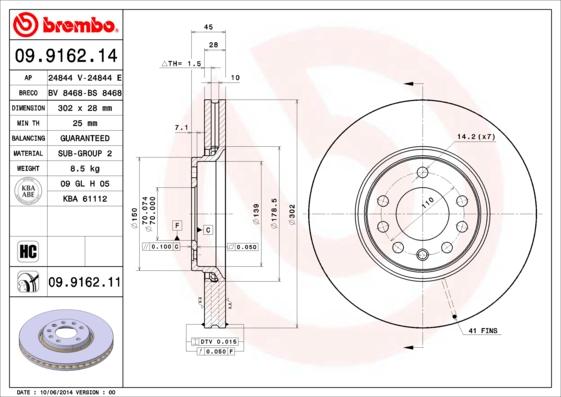 Brembo 09.9162.11 - Тормозной диск autospares.lv