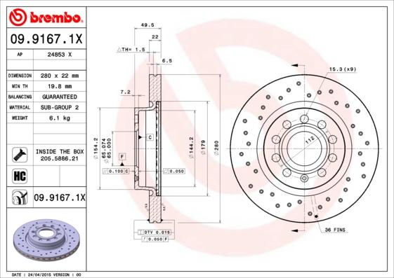 Brembo 09.9167.1X - Тормозной диск autospares.lv