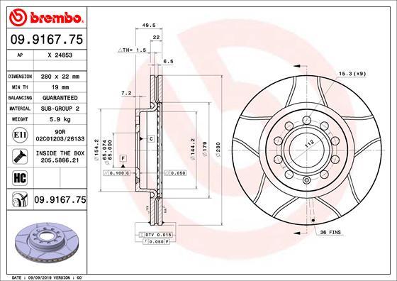 Brembo 09.9167.75 - Тормозной диск autospares.lv