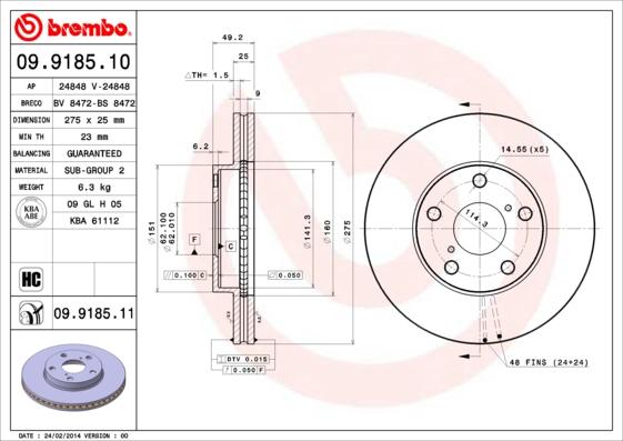 Brembo 09.9185.11 - Тормозной диск autospares.lv