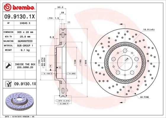 Brembo 09.9130.1X - Тормозной диск autospares.lv