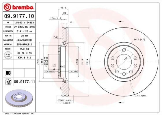 Brembo 09.9177.11 - Тормозной диск autospares.lv