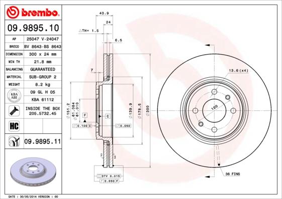 Brembo 09.9895.11 - Тормозной диск autospares.lv