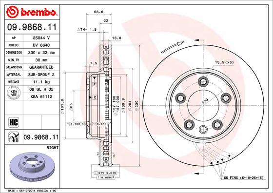 Brembo 09.9868.11 - Тормозной диск autospares.lv