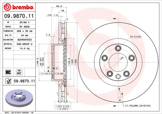 Brembo 09.9870.11 - Тормозной диск autospares.lv