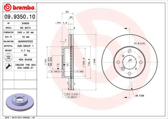 Brembo 09.9350.10 - Тормозной диск autospares.lv