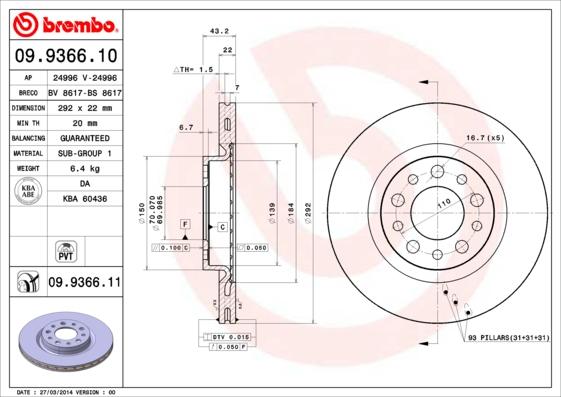 Brembo 09.9366.11 - Тормозной диск autospares.lv