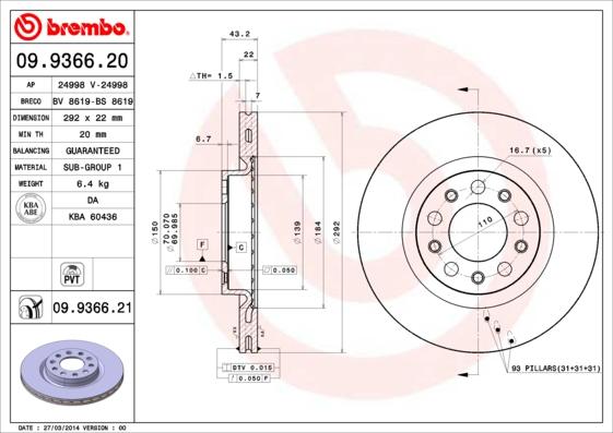 Brembo 09.9366.20 - Тормозной диск autospares.lv