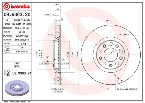 Brembo 09.9363.20 - Тормозной диск autospares.lv
