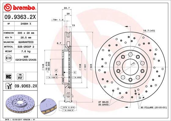 Brembo 09.9363.2X - Тормозной диск autospares.lv