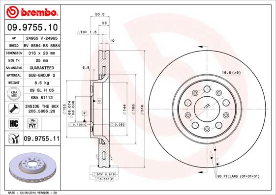 Brembo 09.9755.11 - Тормозной диск autospares.lv