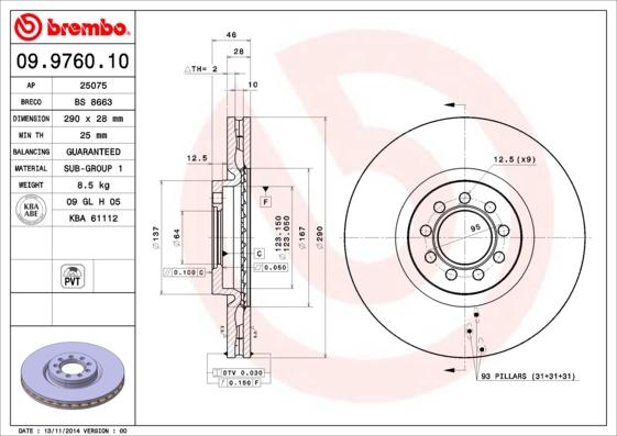 Brembo 09.9760.10 - Тормозной диск autospares.lv