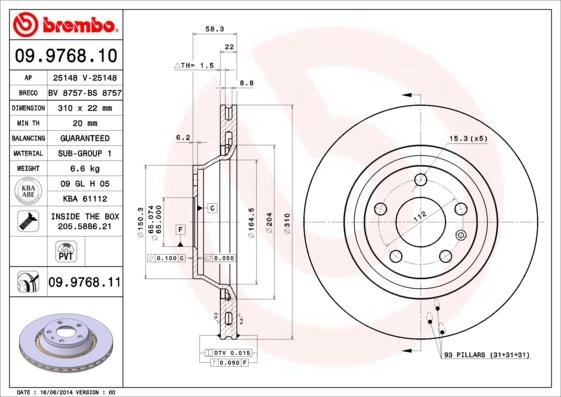 Brembo 09.9768.10 - Тормозной диск autospares.lv