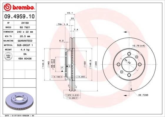 Brembo 09.4959.10 - Тормозной диск autospares.lv