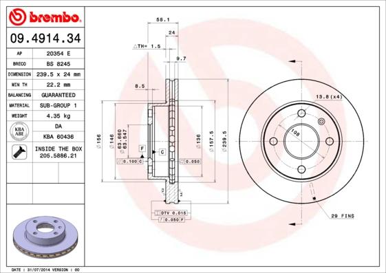 Brembo 09.4914.34 - Тормозной диск autospares.lv