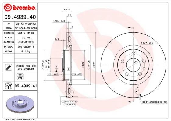 Brembo 09.4939.40 - Тормозной диск autospares.lv