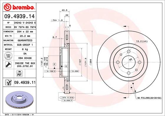 Brembo 09.4939.14 - Тормозной диск autospares.lv