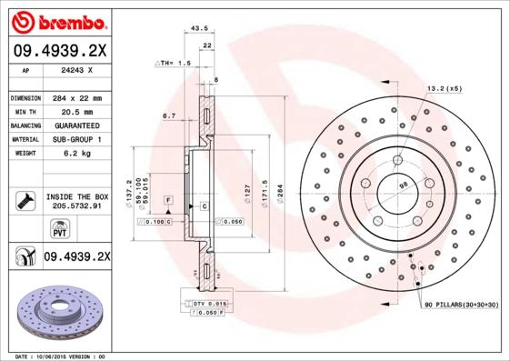 Brembo 09.4939.2X - Тормозной диск autospares.lv