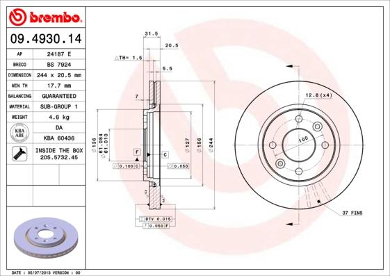 Brembo 09.4930.14 - Тормозной диск autospares.lv