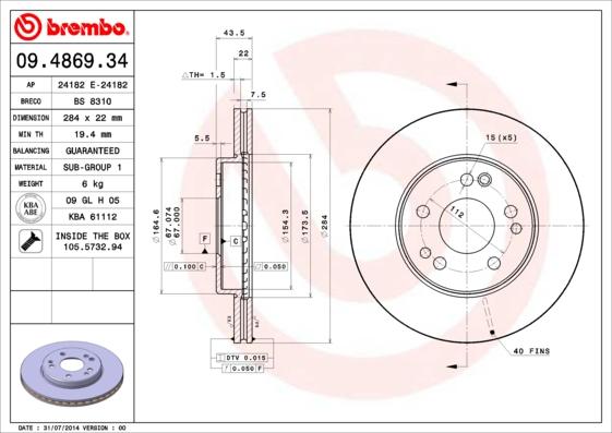 Brembo 09.4869.34 - Тормозной диск autospares.lv