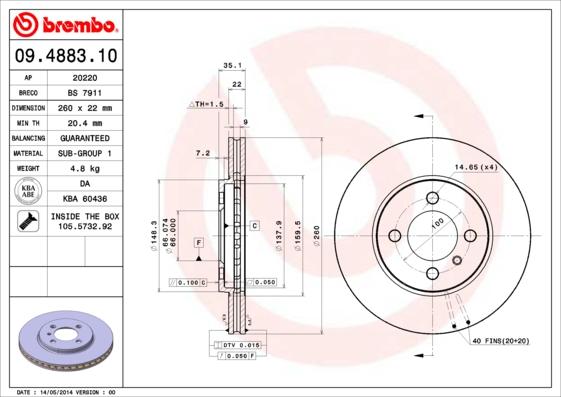 Brembo 09.4883.10 - Тормозной диск autospares.lv