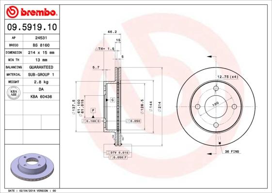 Brembo 09.5919.10 - Тормозной диск autospares.lv