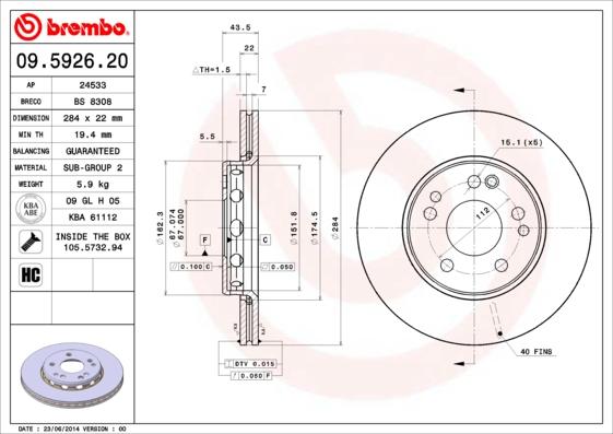 Brembo 09.5926.20 - Тормозной диск autospares.lv