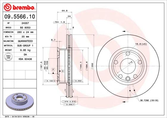 Brembo 09.5566.10 - Тормозной диск autospares.lv