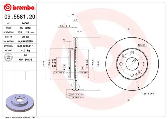 Brembo 09.5581.20 - Тормозной диск autospares.lv