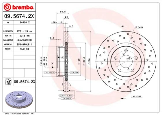 Brembo 09.5674.2X - Тормозной диск autospares.lv