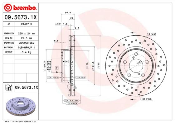 Brembo 09.5673.1X - Тормозной диск autospares.lv