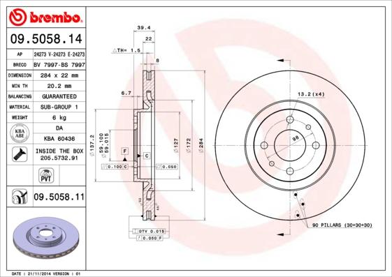 Brembo 09.5058.11 - Тормозной диск autospares.lv