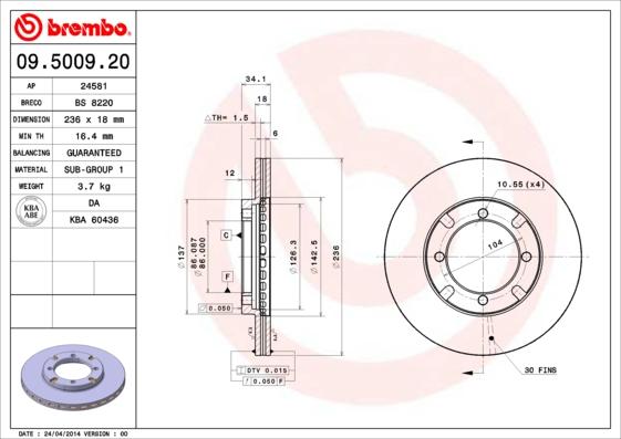 Brembo 09.5009.20 - Тормозной диск autospares.lv