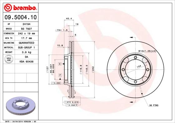 Brembo 09.5004.10 - Тормозной диск autospares.lv