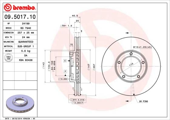 Brembo 09.5017.10 - Тормозной диск autospares.lv