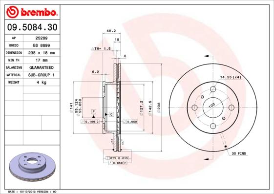 Brembo 09.5084.30 - Тормозной диск autospares.lv