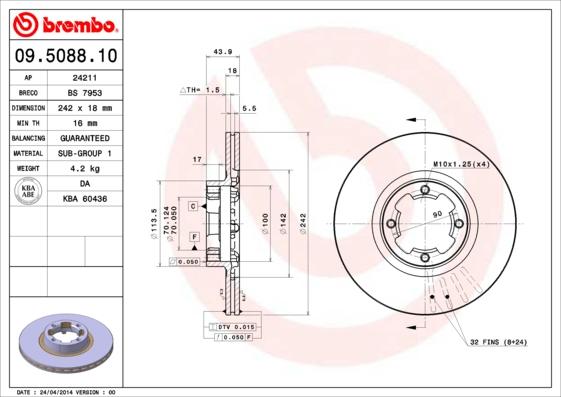 Brembo 09.5088.10 - Тормозной диск autospares.lv