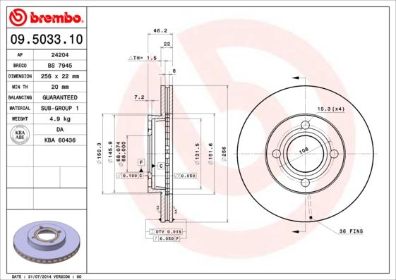 Brembo 09.5033.10 - Тормозной диск autospares.lv