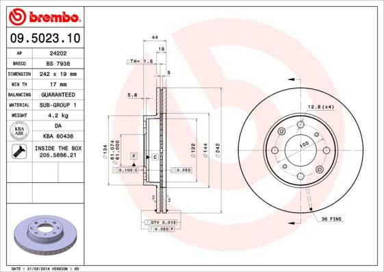 Brembo 09.5023.10 - Тормозной диск autospares.lv