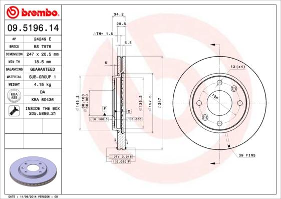 Brembo 09.5196.11 - Тормозной диск autospares.lv