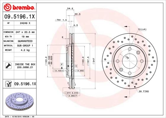 Brembo 09.5196.1X - Тормозной диск autospares.lv