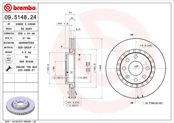 Brembo 09.5148.24 - Тормозной диск autospares.lv