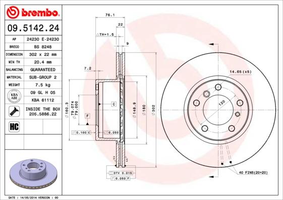Brembo 09.5142.24 - Тормозной диск autospares.lv