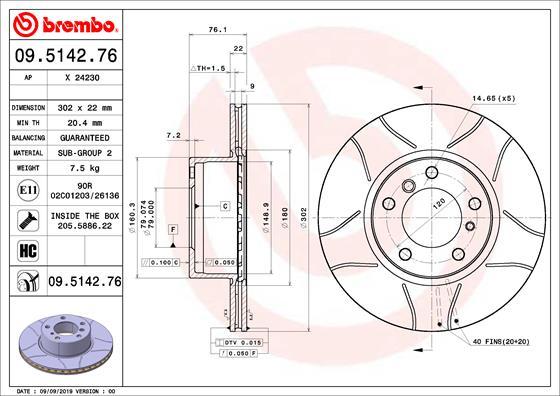 Brembo 09.5142.76 - Тормозной диск autospares.lv
